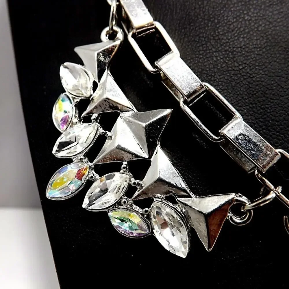 Silver Tone Statement Necklace, Aurora Borealis Rhinestones, 20 Inches